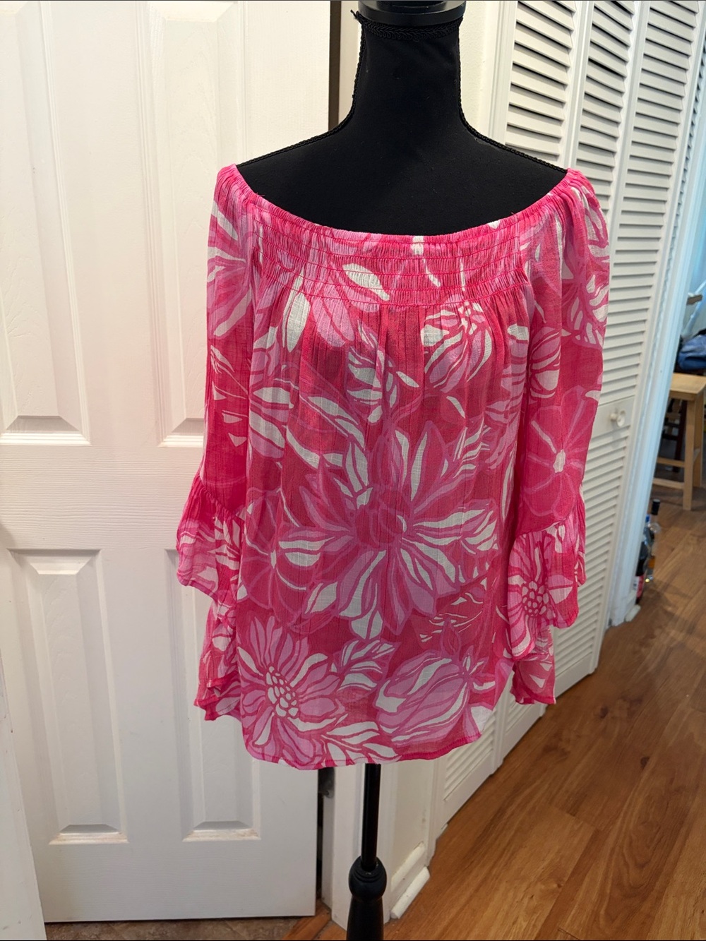 Unique Spectrum Smocked Off-Shoulder Floral Blouse with Tiered Ruffle Sleeves
